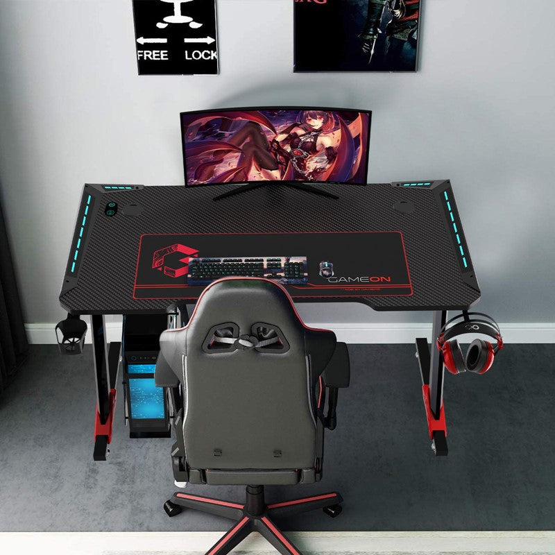 GAMEON Raptor II Series Z-Shaped RGB Flowing Light Gaming Desk (Size: 140-60-72cm) With (800*300*3mm - Mouse pad), Headphone Hook & Cup Holder - Black