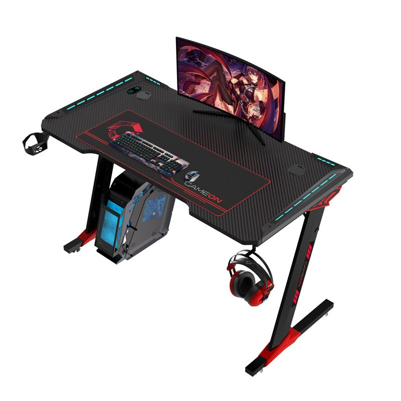 GAMEON Raptor II Series Z-Shaped RGB Flowing Light Gaming Desk (Size: 140-60-72cm) With (800*300*3mm - Mouse pad), Headphone Hook & Cup Holder - Black
