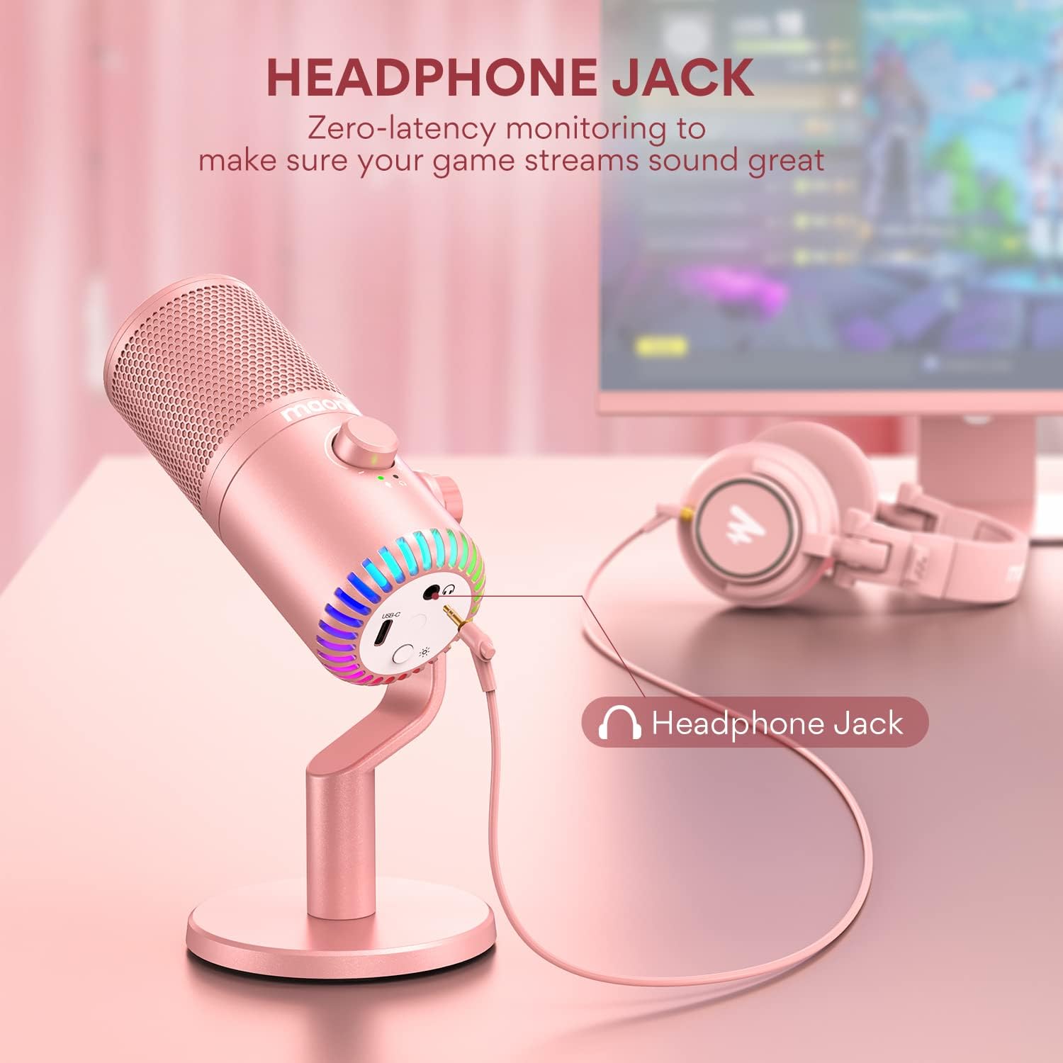 Maonocaster DM30 RGB Gaming Microphone for PC, USB Programmable - Pink