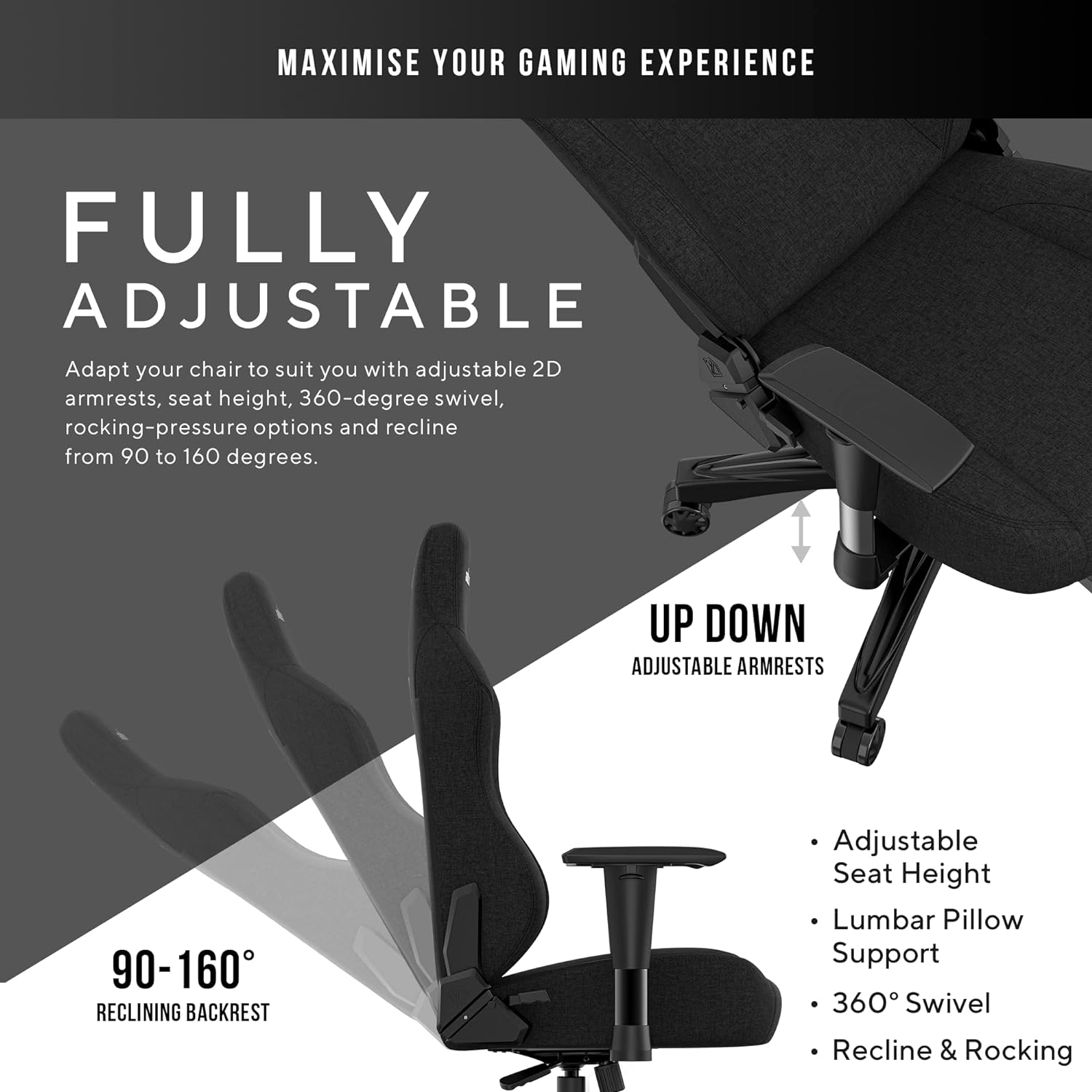 انداسيت كرسي الالعاب أصدار فانتوم 3, طبقة قماش فاخرة, مقاس لارج - أسود كاربوني