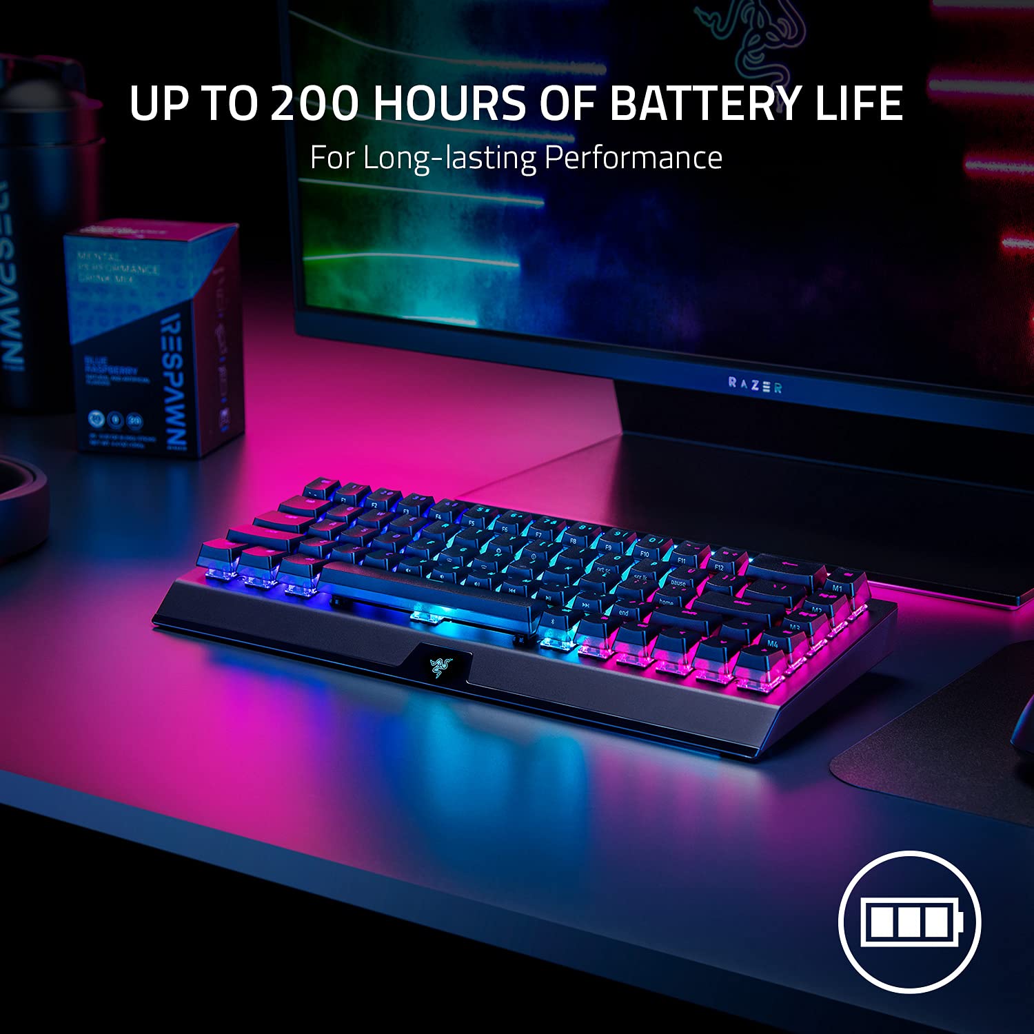 Razer BlackWidow V3 Mini HyperSpeed Wireless 65% RGB Mechanical Gaming Keyboard, Phantom Edition, Green Switch (US Layout) - Black