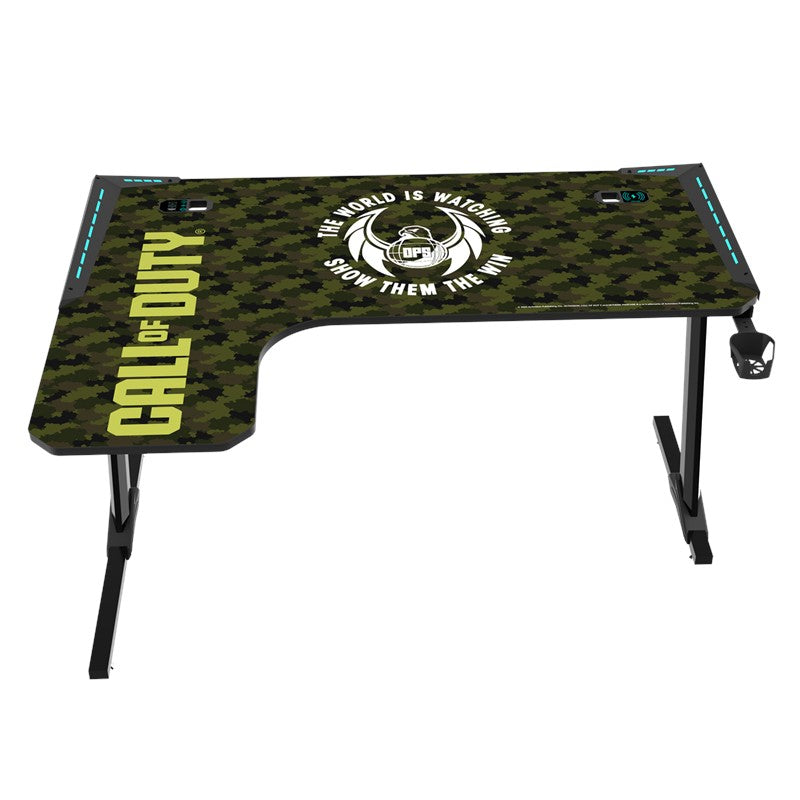 Call Of Duty GAMEON Phantom XL-L Series L-Shaped RGB Flowing Light Gaming Desk (Size: 1400-600-720mm) With (800*300*3mm - Mouse pad), Headphone Hook, Cup Holder, Cable Management, Gamepad Holder, Qi Wireless Charger & USB Hub - Black/Green