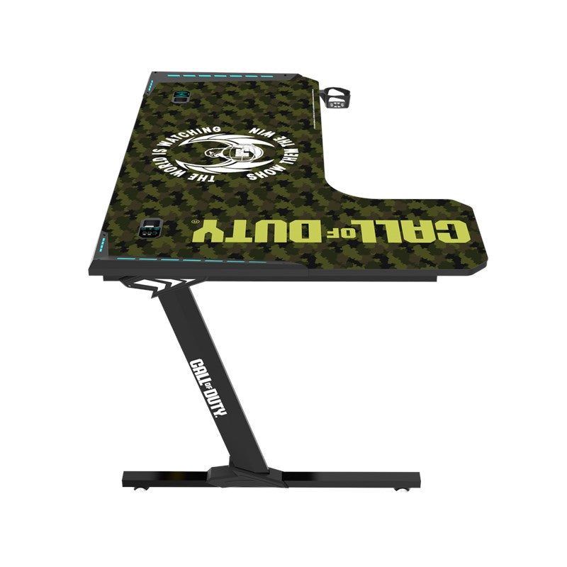 Call Of Duty GAMEON Phantom XL-L Series L-Shaped RGB Flowing Light Gaming Desk (Size: 1400-600-720mm) With (800*300*3mm - Mouse pad), Headphone Hook, Cup Holder, Cable Management, Gamepad Holder, Qi Wireless Charger & USB Hub - Black/Green