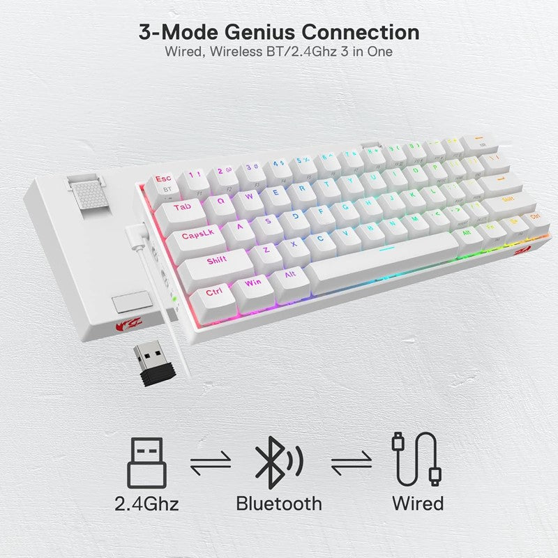 Redragon Draconic 60% Compact Wireless Keyboard, Brown Switch - White