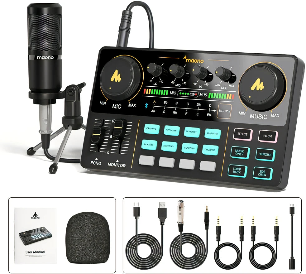 Maonocaster AU-AM200S1 Lite Portable All-In-One Podcast Production Studio With Microphone And Audio Interface for Podcast, Games - Black
