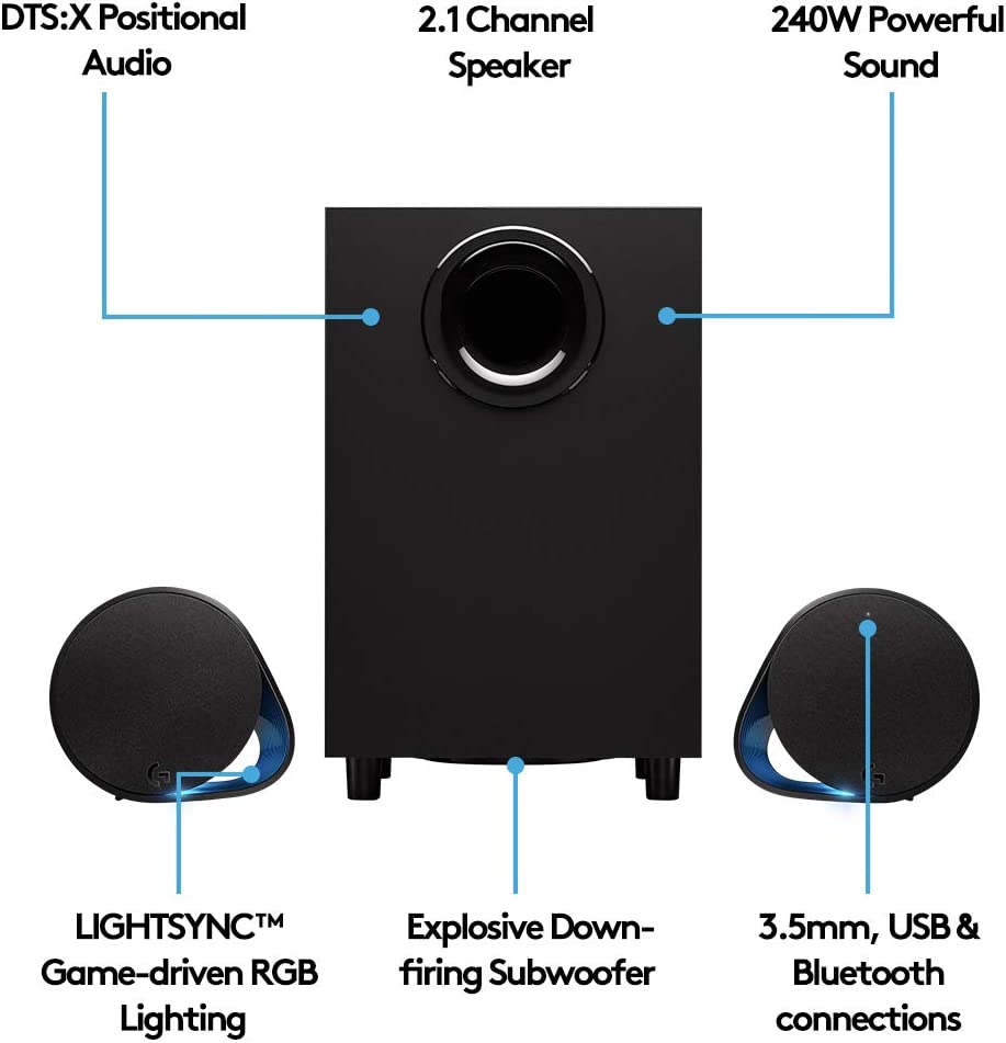 Logitech G560 PC Gaming Speaker System with 7.1 DTS:X Ultra Surround Sound, Game based LIGHTSYNC RGB