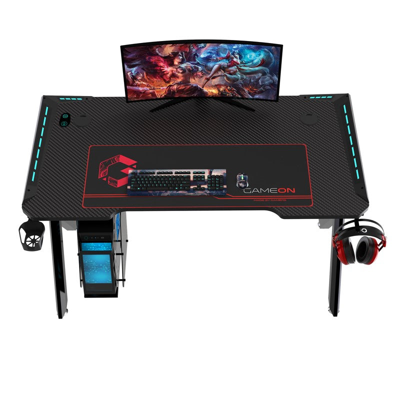 GAMEON Hawksbill Series RGB Flowing Light Gaming Desk (Size: 120-60-72cm) With (800*300*3mm - Mouse pad), Headphone Hook & Cup Holder - Black