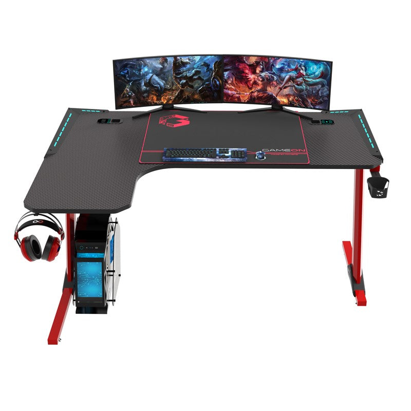 GAMEON Phantom XL-L Series L-Shaped RGB Flowing Light Gaming Desk (Size: 140-60-72mm) With (800*300*3mm - Mouse pad), Headphone Hook, Cup Holder, Cable Management, Gamepad Holder, Qi Wireless Charger & USB Hub - Black