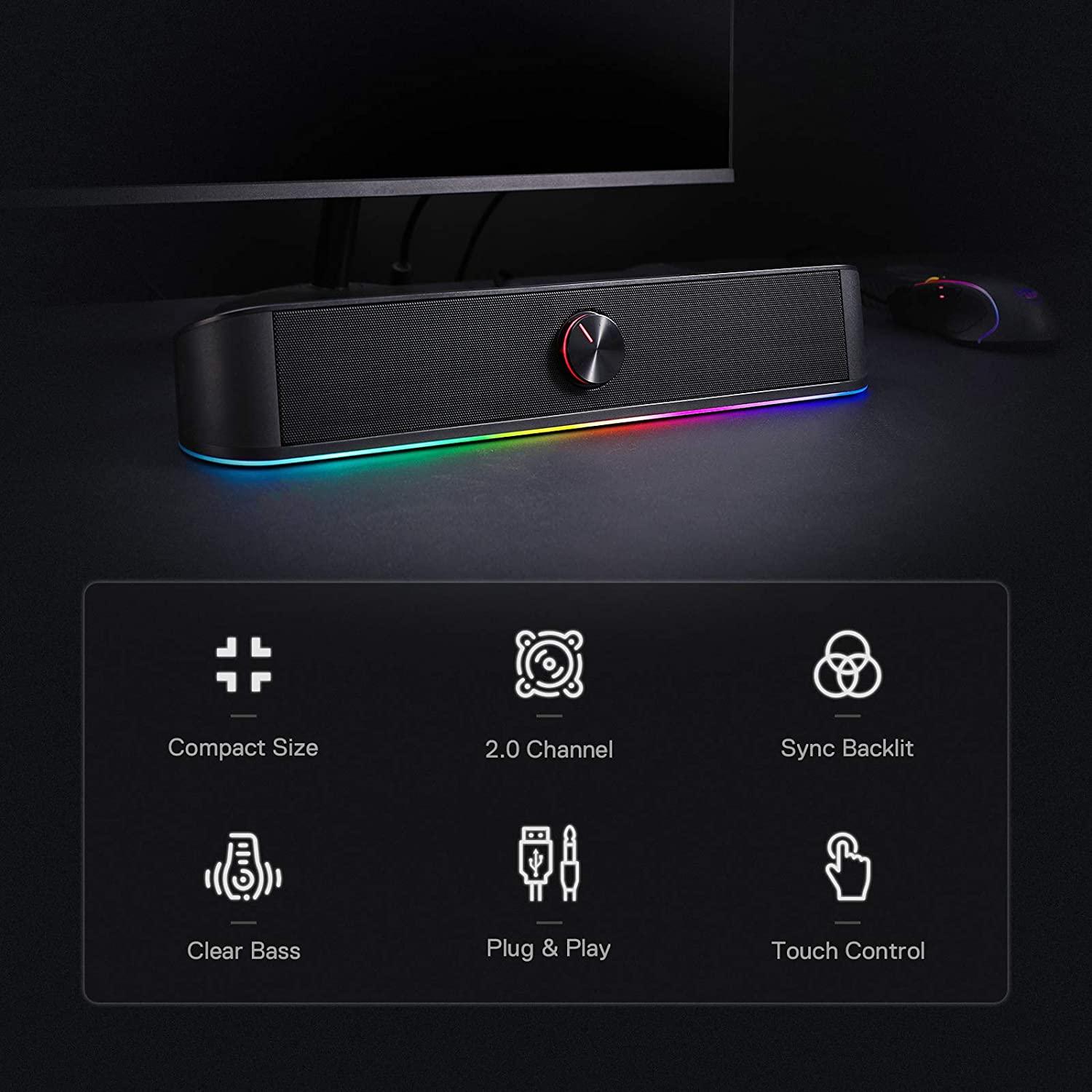 Redragon GS560 Adiemus RGB Desktop Soundbar, 2.0 - Computer Speaker with Dynamic Lighting Bar Audio-Light Sync/Display