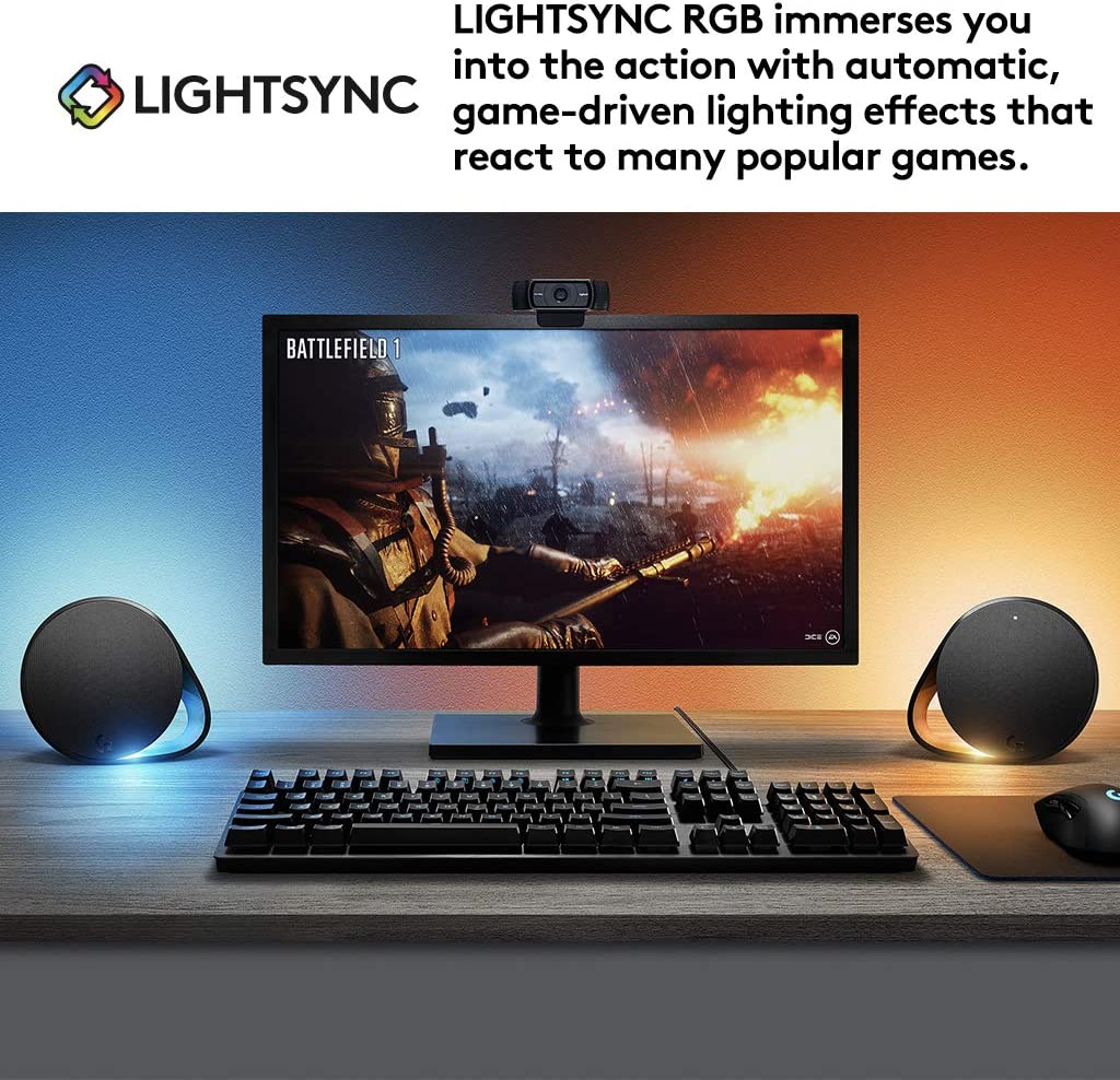 لوجيتك جي560 , سماعة مكبرات صوت لألعاب الكمبيوتر الشخصي مع صوت محيطي فائق 7.1 DTS:X، وتقنية LIGHTSYNC RGB القائمة على الألعاب -اسود