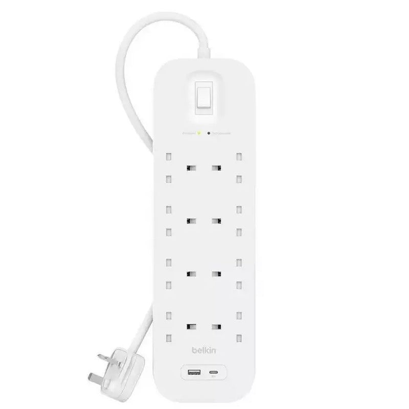Belkin Surge Protector Power Extension 8 Outlets, 1 USB-A, 1 USB-C Ports (2M) - White