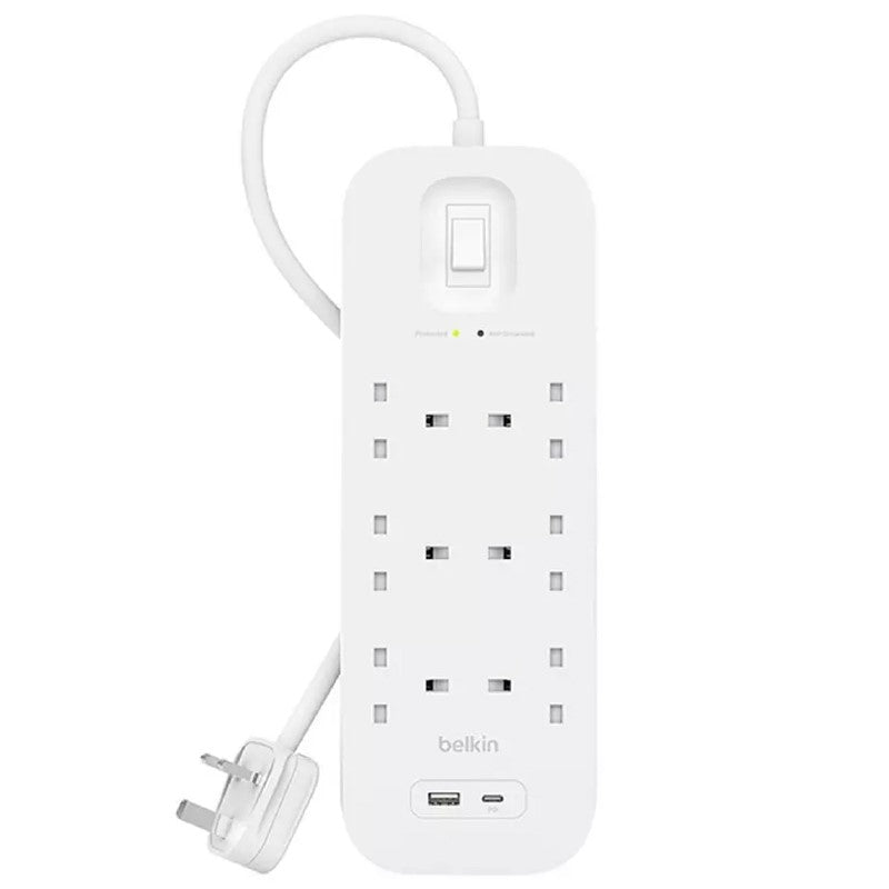 Belkin Surge Protector Power Extension 6 Outlets, 1 USB-A, 1 USB-C Ports (2M) - White