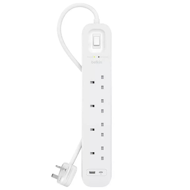 Belkin Surge Protector Power Extension 4 Outlets, 1 USB-A, 1 USB-C Ports (2M) - White