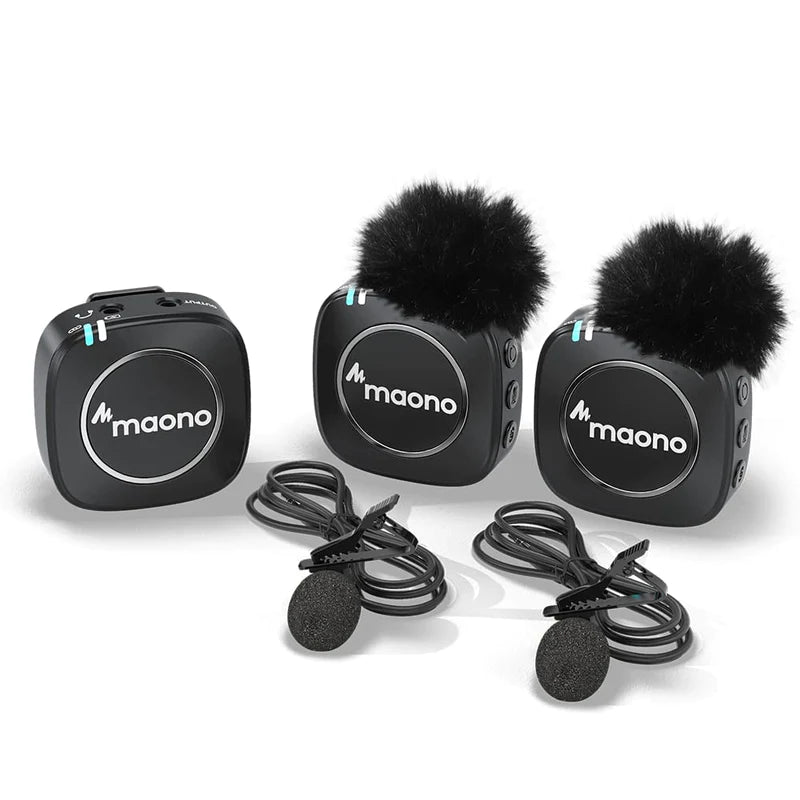 Maonocaster AU-WM820A2 Dual-Person Compact Wireless Lavalier Microphone 2.4GHz with Real-time Monitoring and 22-Level Gain Adjustment for Interview, Vlogging, Live Streaming, Phone, Camera - Black