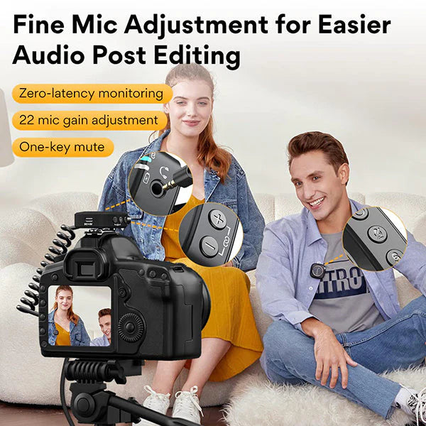 Maonocaster AU-WM820A2 Dual-Person Compact Wireless Lavalier Microphone 2.4GHz with Real-time Monitoring and 22-Level Gain Adjustment for Interview, Vlogging, Live Streaming, Phone, Camera - Black